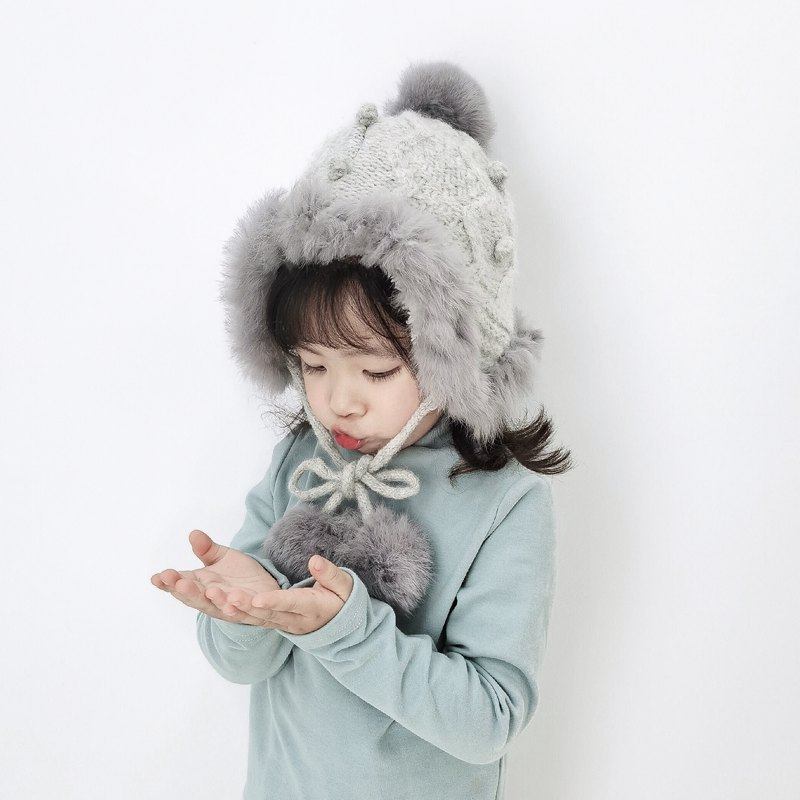 Baby winter ear protection hat fashion tide Korean version of rabbit fur ball girls hat plus velvet warm children's wool hood
