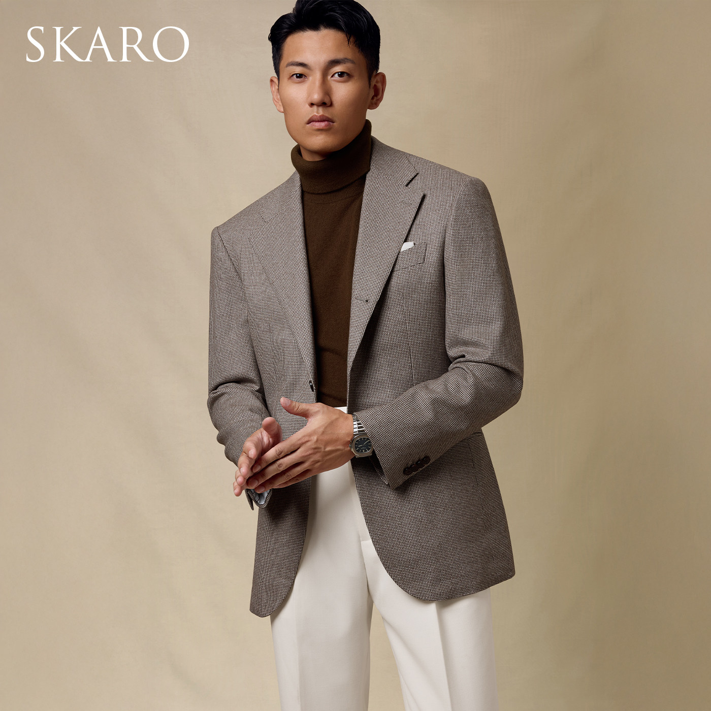 【Австралийская чистая шерсть】 пиджак SKARO Houndstooth мужской осенне-зимний теплый деловой официальный костюм в стиле ретро Изображение 1