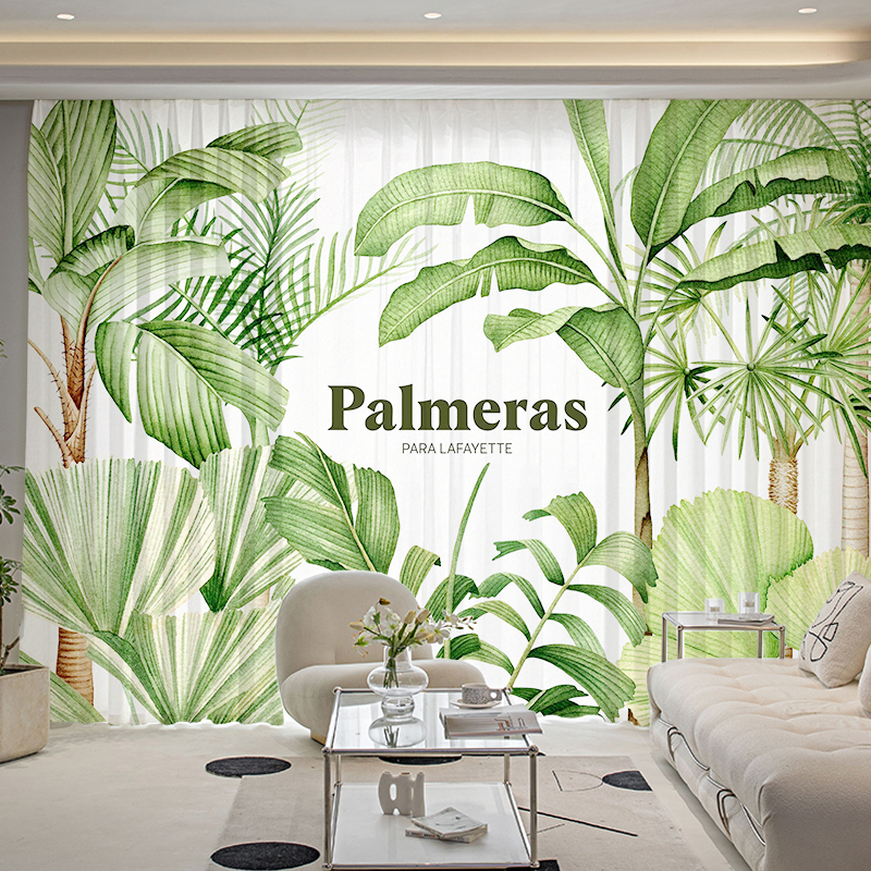 Scandinavian ins Windproof Mosquito Curtain Tropical Rainforest Green Plant Palm Leaf Light Luxury Bedroom Decoration Light-Impermeable Curtain