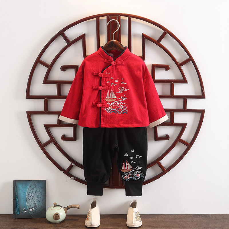 Hanfu Boy in Chinese Wind Tang Costume Treasure Spring Fall Long Sleeve Thin style Retro Two sets of children's performance suit suit