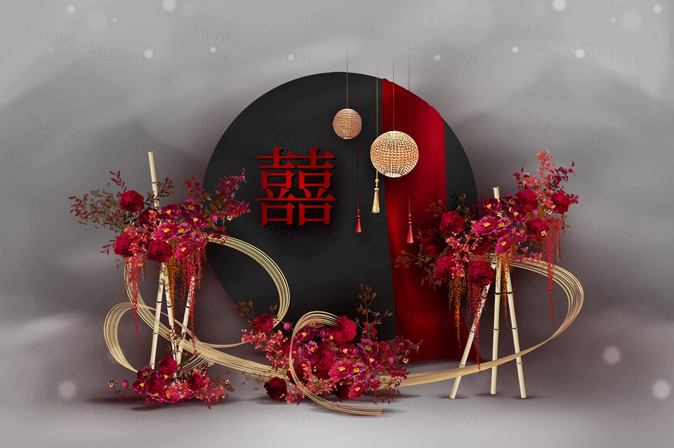 红色新中式竹编竹篾竹子红布订婚宴婚礼手绘道具效果图PS设计素材-婚礼素材网