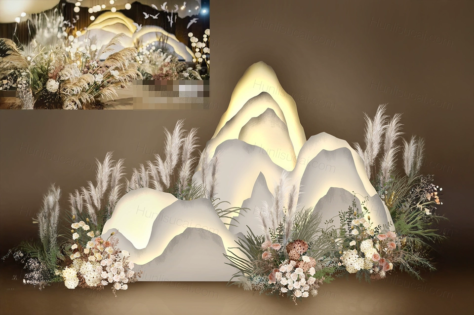 网红侘寂风山形小景观山丘造型发光psd素材婚庆婚礼手绘花艺-婚礼素材网