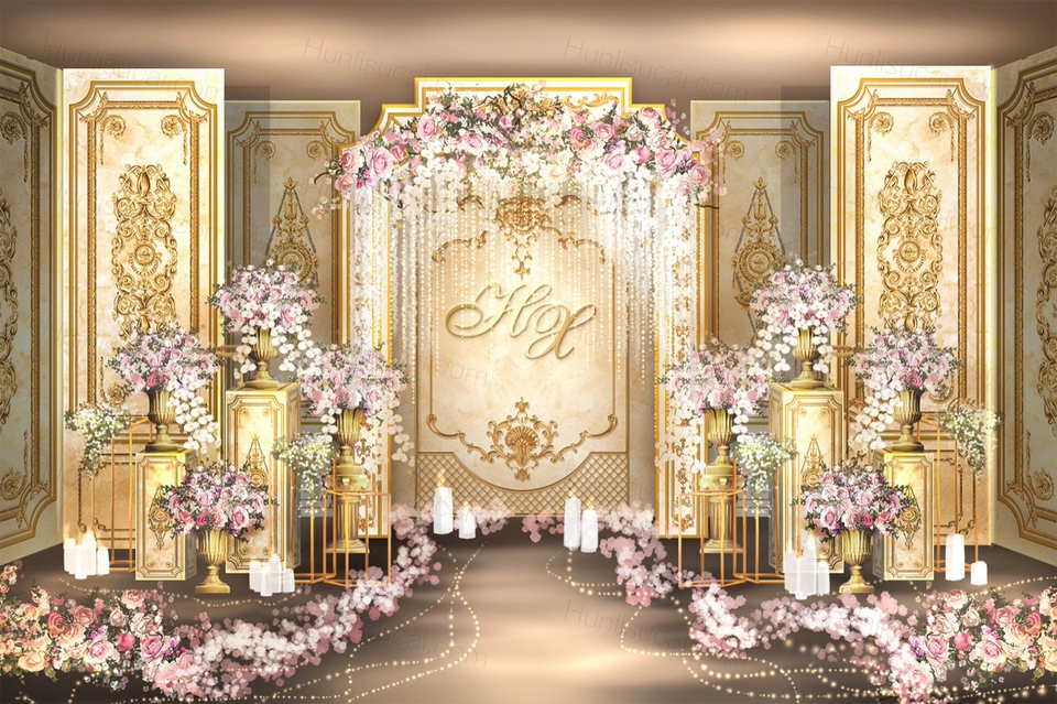 香槟色金色欧式奢华风格婚礼设计婚庆效果图背景方案素材psd-婚礼素材网