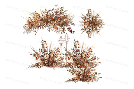 简约复古咖褐灰色婚礼手绘花艺仿真花艺效果图素材PSD分层源文件-婚礼素材网