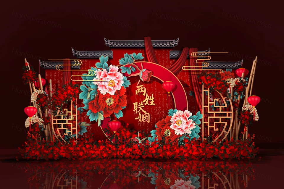 红色中式牡丹花喜庆高端婚礼设计婚庆手绘效果图背景方案素材-婚礼素材网