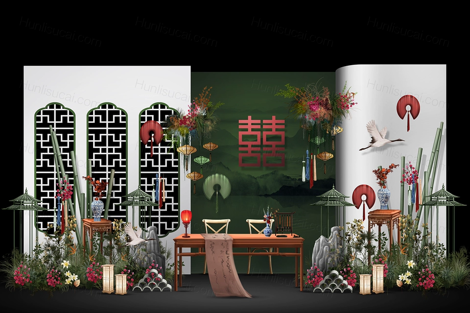 白色绿色新中式传统古典南洋风婚礼设计效果图素材psd源文件-婚礼素材网