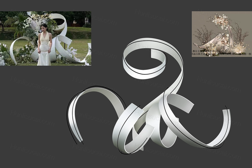 婚礼手绘效果图泰式几何白色螺旋旋转弯曲舞台背景造型psd素材-婚礼素材网
