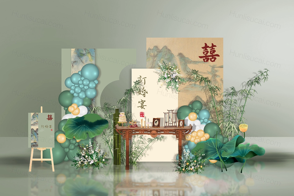 国风新中式只此青绿山水订婚宴回门答谢礼气球派对素材psd源文件-婚礼素材网