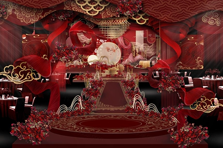 红色喜庆新中式婚礼设计婚庆效果图舞台展示区背景PSD素材-婚礼素材网