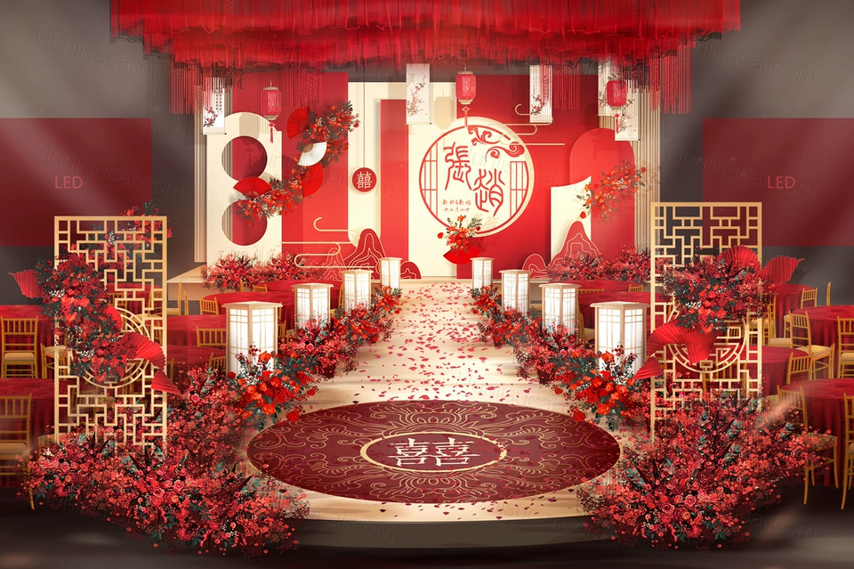 新中式红色婚礼设计效果图PS素材小厅婚庆KT喷绘背景制作源文件-婚礼素材网
