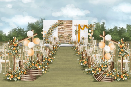 白色砖墙木块拼接背景泰式婚礼设计户外草坪效果图方案背景素材-婚礼素材网