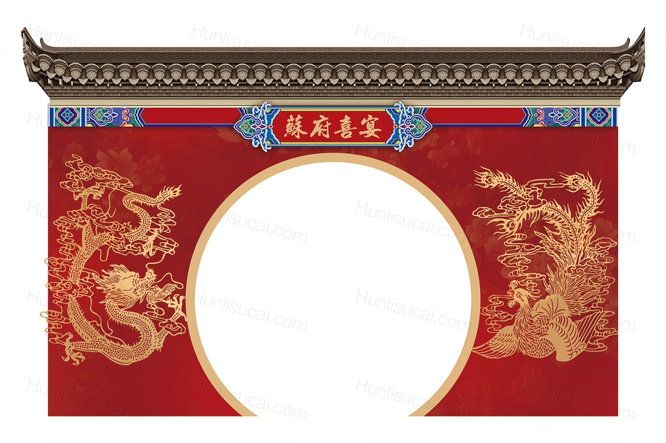 国潮红蓝cp色新中式婚礼背景psd源文件交接区屋檐素材效果图道具-婚礼素材网