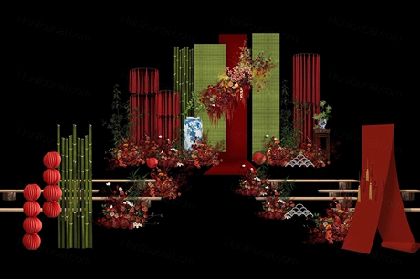 红色绿色古典新中式东南亚风格南洋风婚礼设计效果图素材背景-婚礼素材网