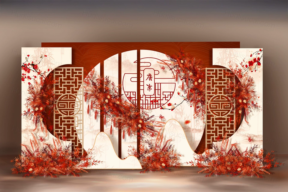 红色香槟色喜庆中国风新中式婚礼设计婚庆效果图背景布置素材-婚礼素材网
