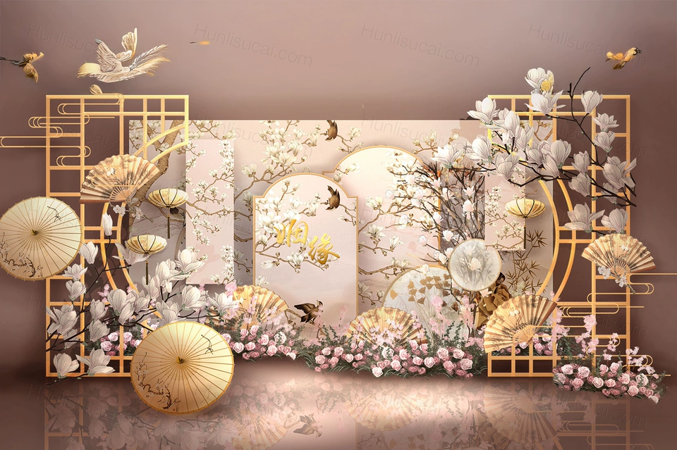 香槟色新中式喜庆中式花鸟工笔画背景婚礼设计方案素材效果图-婚礼素材网