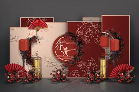 红色香槟色喜庆新中式牡丹勾线花纹背景婚礼设计素材效果图psd-婚礼素材网