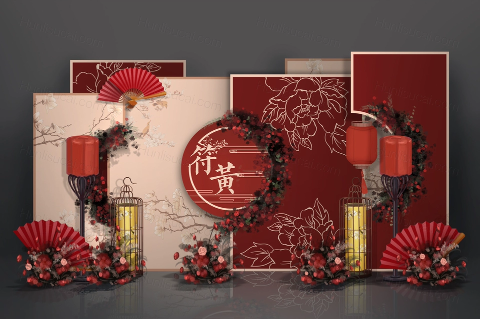 红色香槟色喜庆新中式牡丹勾线花纹背景婚礼设计素材效果图psd-婚礼素材网