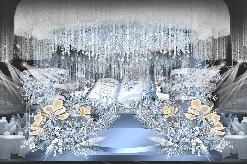淡蓝色梦幻高端书本背景婚礼设计婚庆效果图舞台展示区素材psd-婚礼素材网