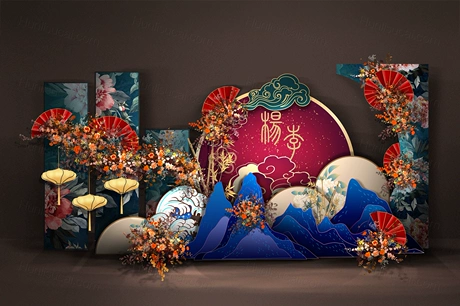 时尚蓝色红色国潮风中国风新中式婚礼设计舞台展示区背景素材-婚礼素材网
