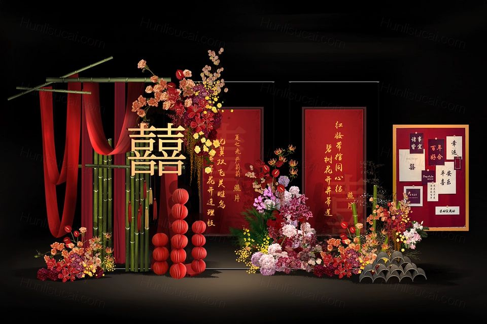 红色新中式婚礼效果图设计方案中式舞台迎宾婚礼设计psd源文件-婚礼素材网