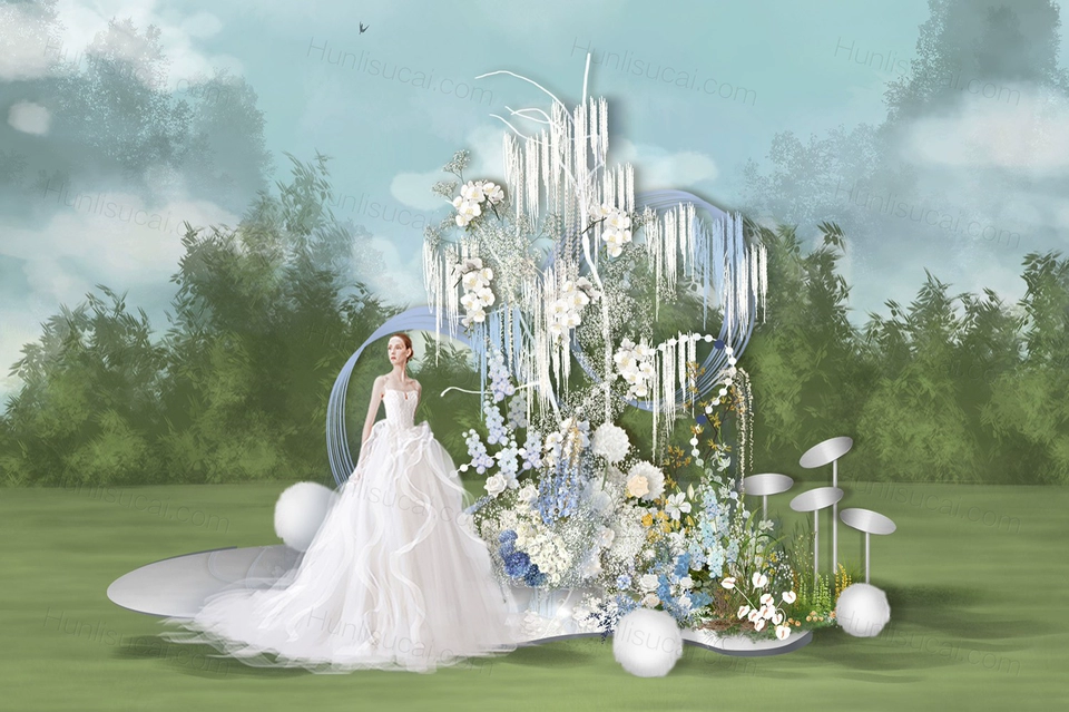 蓝色雪山创意小众户外草坪婚礼设计效果图素材psd源文件-婚礼素材网