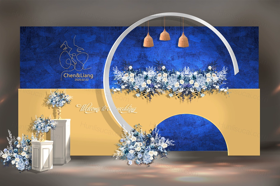 蓝金色高端简约婚礼设计图合影签到展示区订婚设计素材背景文件-婚礼素材网