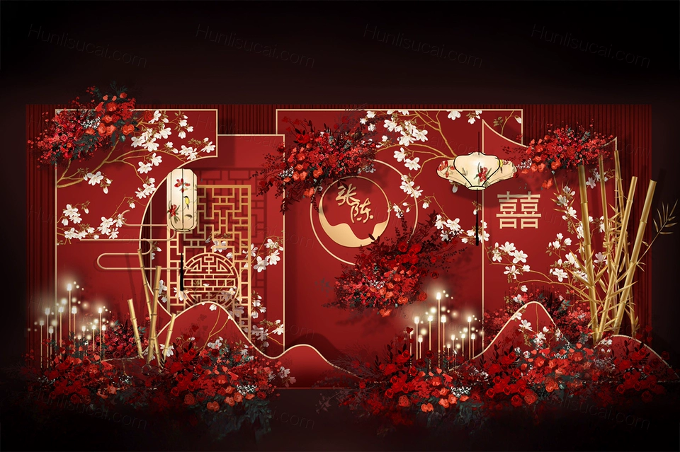红色喜庆古典新中式工笔花背景婚礼设计舞台效果图素材psd-婚礼素材网