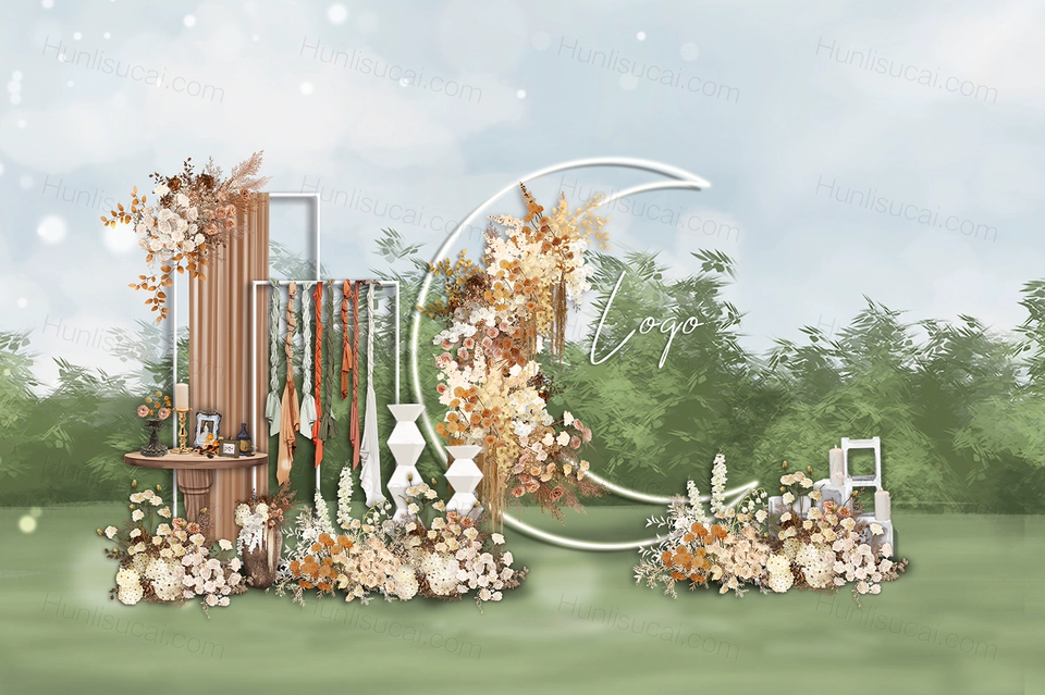 咖色泰式侘寂风户外草坪婚礼设计奶咖色花艺效果图素材psd-婚礼素材网