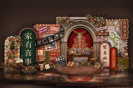 复古老上海怀旧港风订婚礼效果图迎宾合影区psd设计素材源文件-婚礼素材网