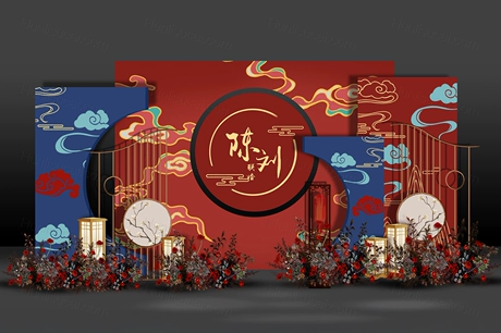 红色中式婚礼仿古屋檐龙凤祥云吊顶素材舞台背景效果图喷绘制作PSD-婚礼素材网