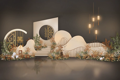 香槟色高端精致精美新中式国风婚礼手绘效果图素材无制作图定制-婚礼素材网