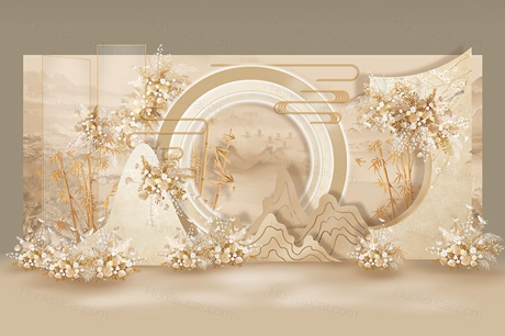 香槟色唯美山峦新中式婚礼传统中国国风婚礼手绘效果效果图婚礼-婚礼素材网