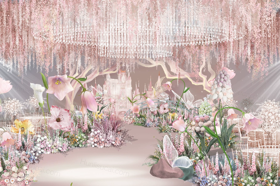 梦幻粉色系主题城堡风婚礼效果图舞台背景PSD设计素材源文件-婚礼素材网