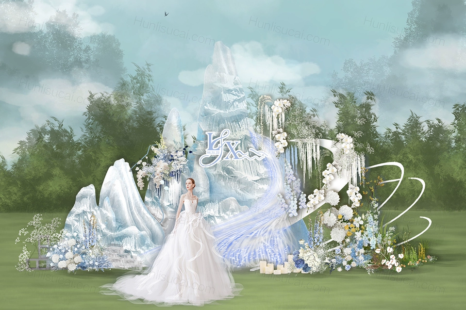 蓝色雪山创意小众户外草坪婚礼设计效果图素材psd源文件-婚礼素材网