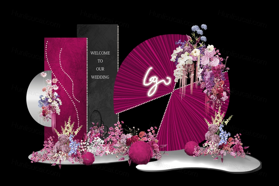 小众时尚玫红色秀场风婚礼效果图订婚宴背景素材婚礼道具PSD-婚礼素材网