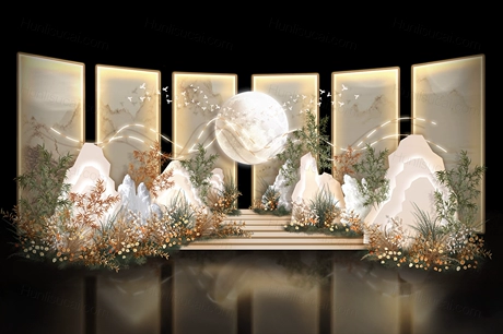 香槟色高端精致精美新中式国风婚礼手绘效果图素材无制作图婚礼-婚礼素材网