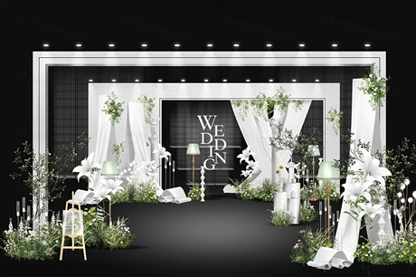 白色黑色韩式简约风格白绿色花艺布艺造型婚礼设计效果图素材-婚礼素材网