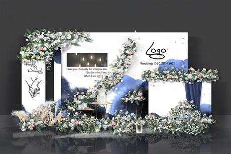 蓝色水墨背景INS简约风格泰式展示区婚礼设计效果图背景素材-婚礼素材网