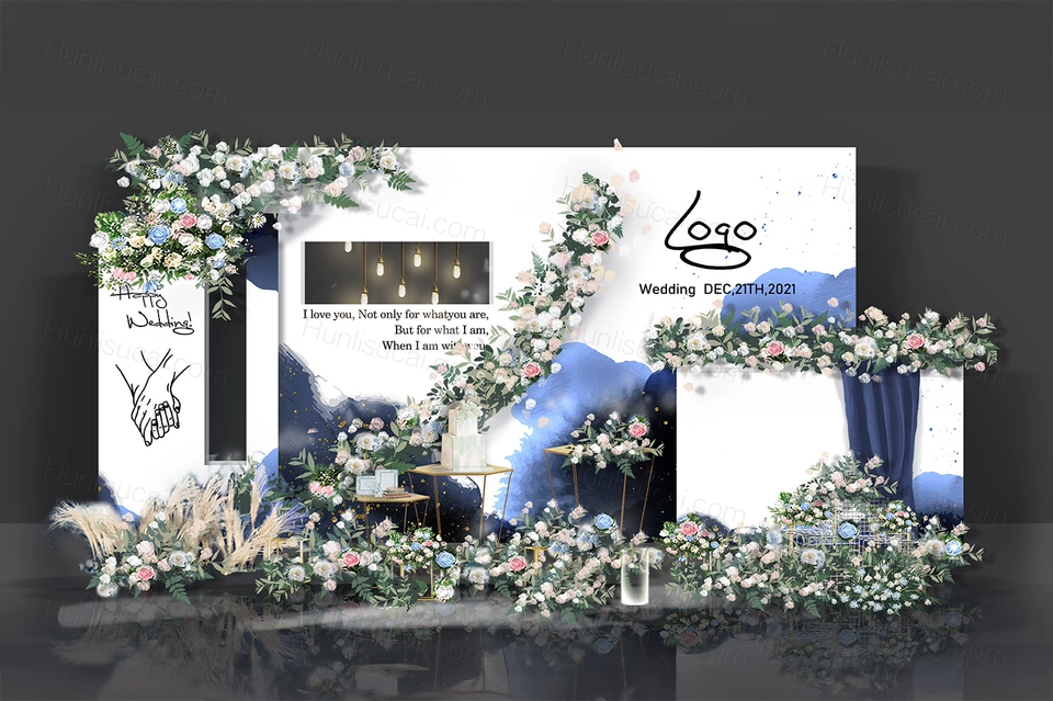 蓝色水墨背景INS简约风格泰式展示区婚礼设计效果图背景素材-婚礼素材网