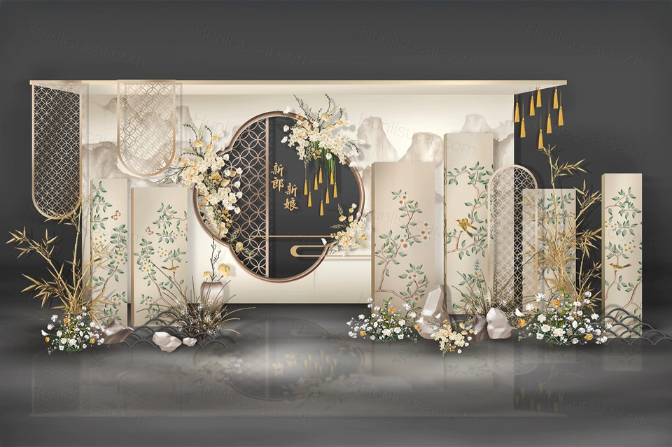 香槟色古典复古新中式婚礼设计婚庆效果图背景方案素材psd-婚礼素材网