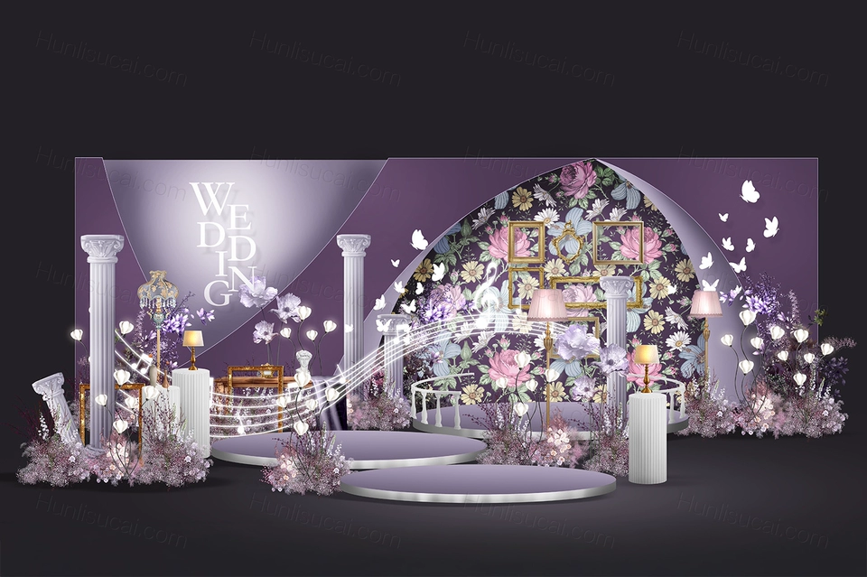 紫色INS简约高端法式婚礼设计婚庆效果图背景方案素材psd-婚礼素材网