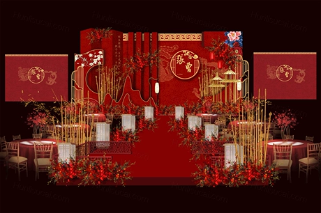 大红色喜庆古典传统婚礼设计屋檐牌楼中式舞台效果图背景素材-婚礼素材网