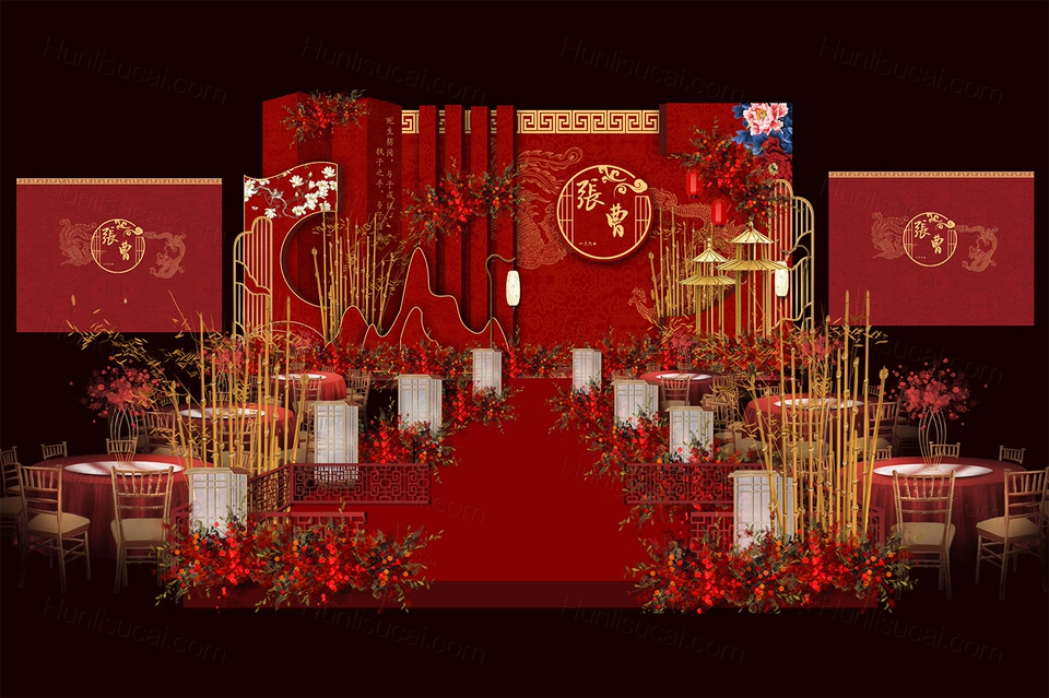 大红色喜庆古典传统婚礼设计屋檐牌楼中式舞台效果图背景素材-婚礼素材网