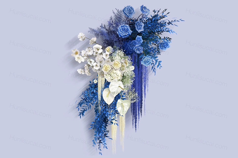 设计克莱茵蓝色婚礼花艺素材psd蓝白色手绘花艺效果图素材-婚礼素材网