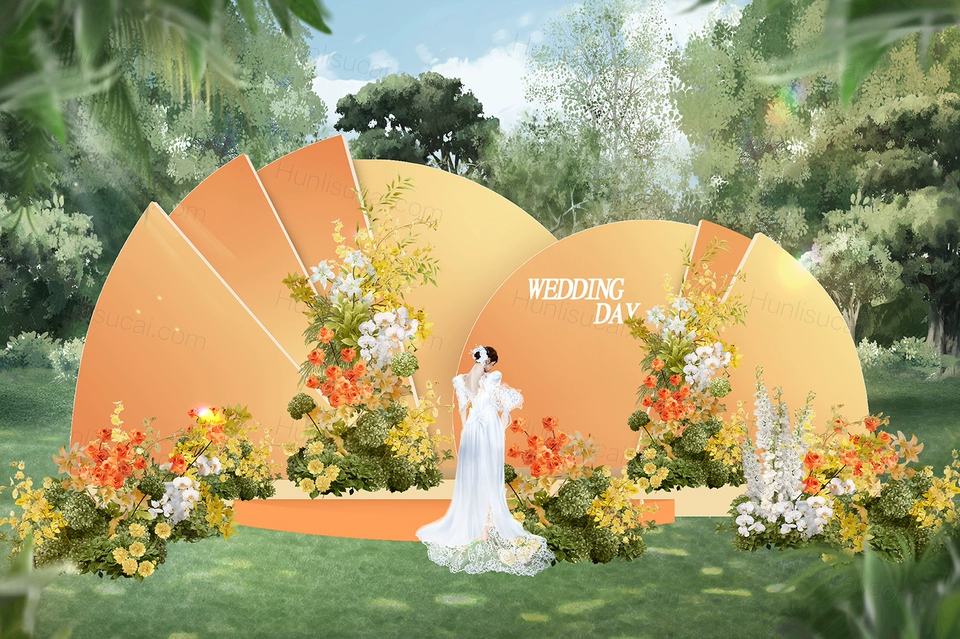 橙色创意小众圆形背景户外草坪婚礼设计效果图素材psd源文件-婚礼素材网