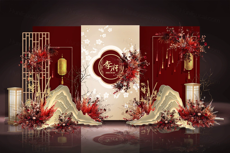 红色喜庆古典新中式婚礼设计效果图素材psd源文件-婚礼素材网