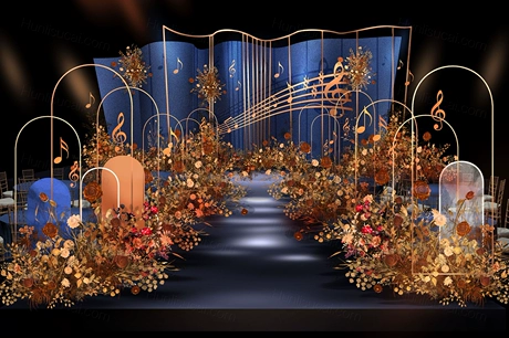 蓝色异形创意圆弧背景音乐主题婚礼设计婚庆舞台效果图背景素材-婚礼素材网