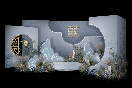 蓝色新中式婚礼效果图设计方案新中式背景设计舞台迎宾素材psd-婚礼素材网
