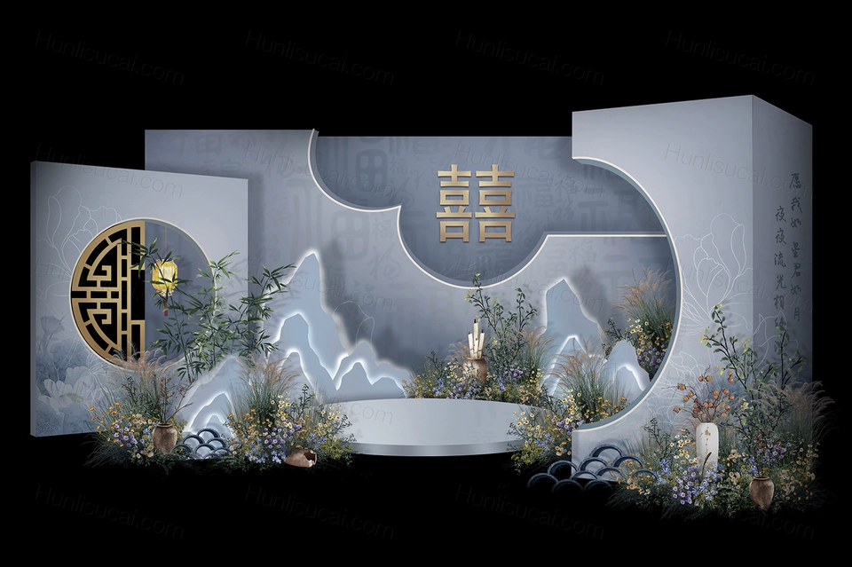 蓝色新中式婚礼效果图设计方案新中式背景设计舞台迎宾素材psd-婚礼素材网