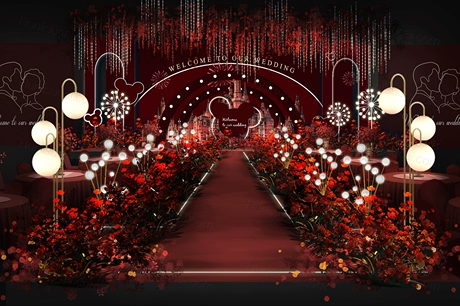 深红色喜庆米奇主题高端婚礼设计效果图背景方案PSD素材源文件-婚礼素材网